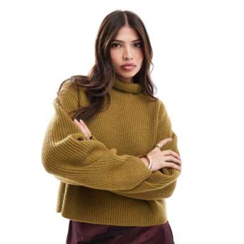& Other Stories wool knit ribbed funnel neck sweater with split back neck and volume sleeves in olive green