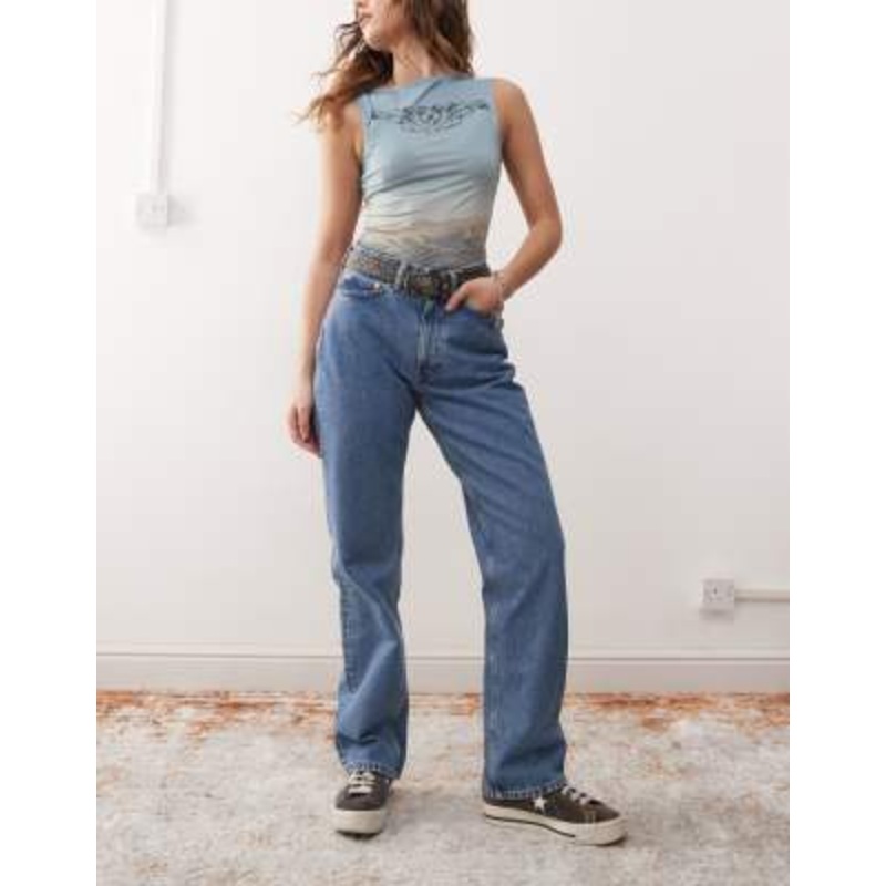 Weekday Resolute stretch high rise straight leg jeans in 90s blue