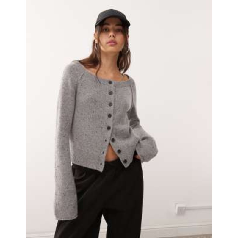 Weekday wool blend off-shoulder neppy cardigan in gray