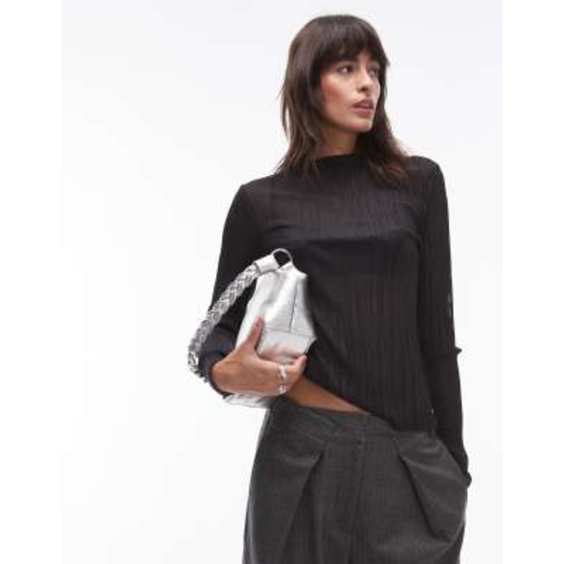 & Other Stories plisse mesh long sleeve top in black