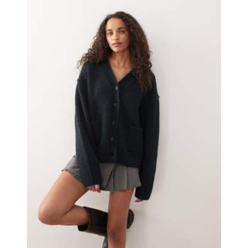 Weekday oversized v neck cardigan in navy melange