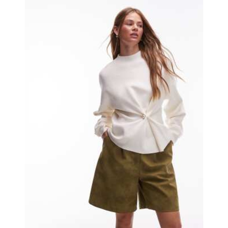 & Other Stories compact knit sweater with asymmetric gathered faux pearl detail in white