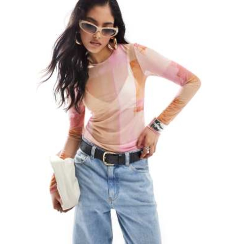 & Other Stories mesh long sleeve top in pretty pink blurred panel print