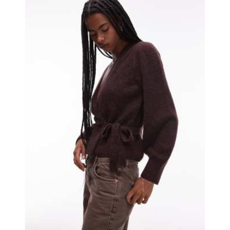& Other Stories mohair and wool hairy yarn wrap cardigan with puff sleeves in brown