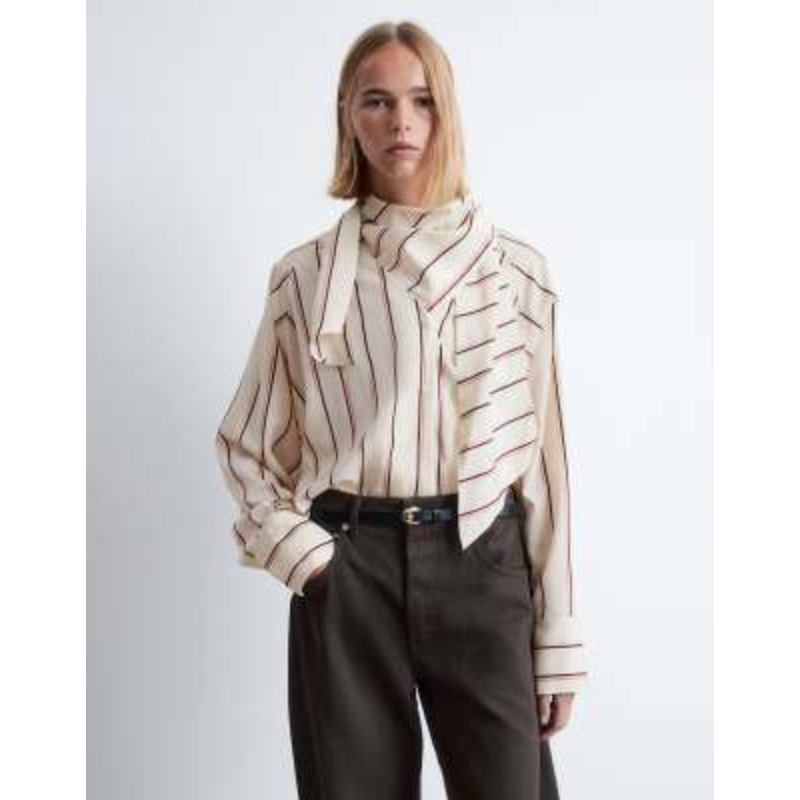 & Other Stories scarf neck blouse with volume sleeves in vintage beige stripes