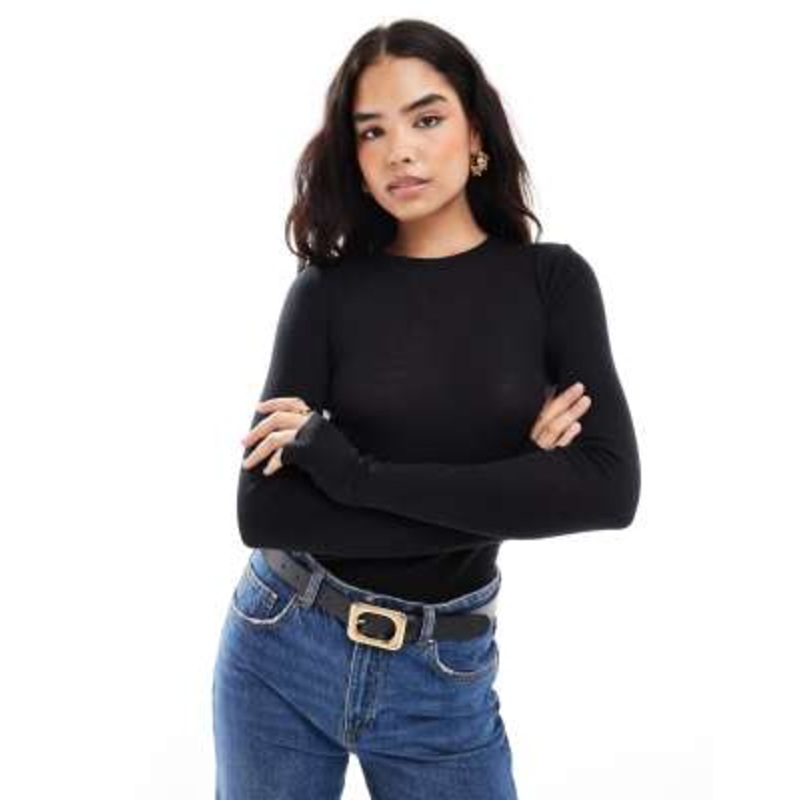 & Other Stories mohair & wool blend long sleeve top with thumbhole detail in black