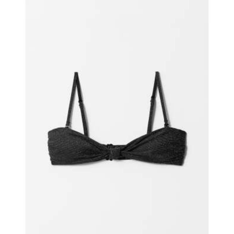 & Other Stories mix and match knot front bandeau bikini top with gold glitter thread and removable padding in black