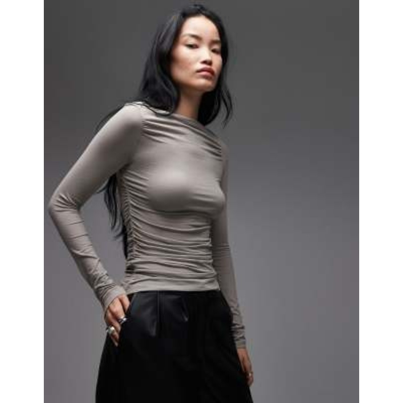 & Other Stories rich cotton long sleeve drapey jersey top in beige