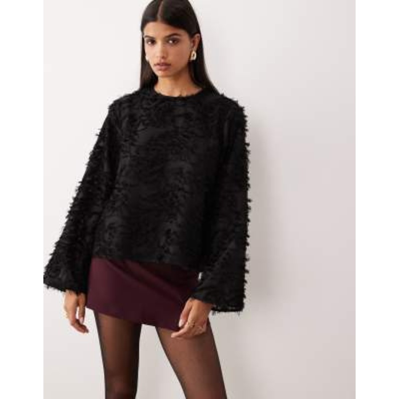 YAS fluffy textured woven top in black