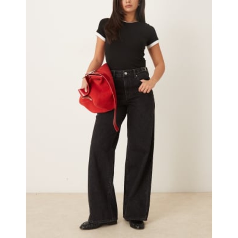 YAS wide leg jeans with buckle waist adjusters in dark gray wash