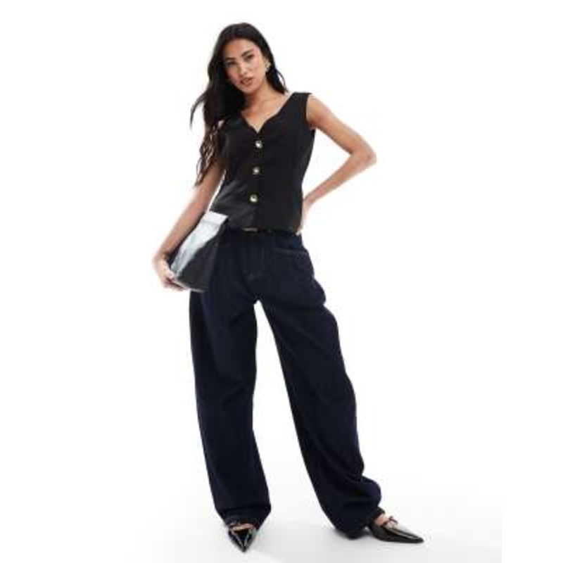 DESIGN tailored gold button detail vest and pants set in black