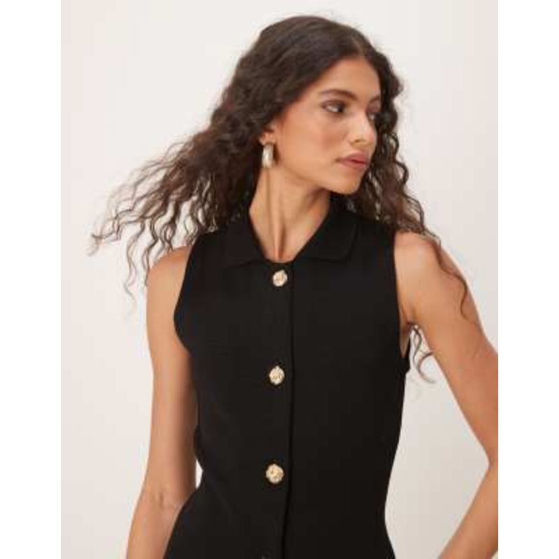 Mango knitted gold button vest in black