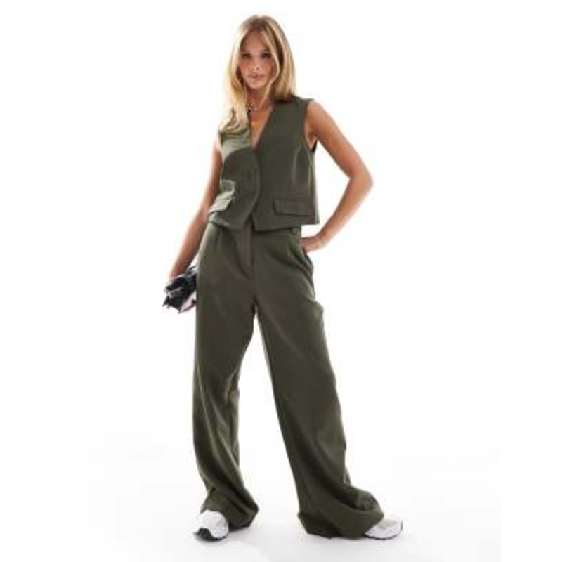 Pieces tailored vest and multiway button leg pants set in khaki