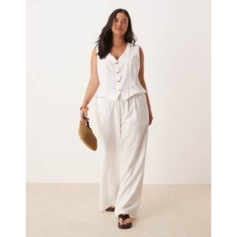 Vila Curve linen touch cropped tailored vest and wide leg pants set in white