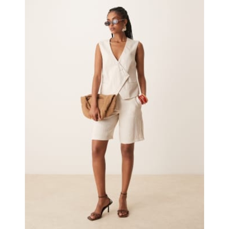 VILA tailored asymmetric placket detail vest and longline shorts set in birch cream
