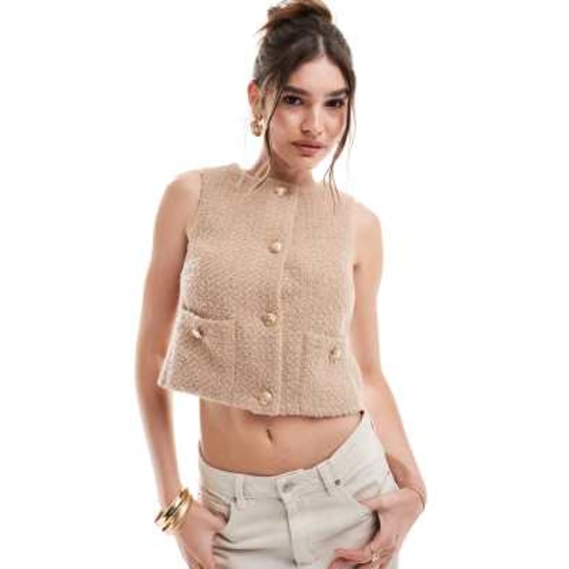 4th & Reckless boucle sleeveless vest with gold button detail in camel