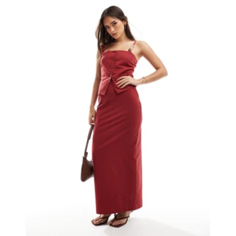 4th & Reckless linen blend fold over bandeau longline top, vest and maxi skirt set in rust