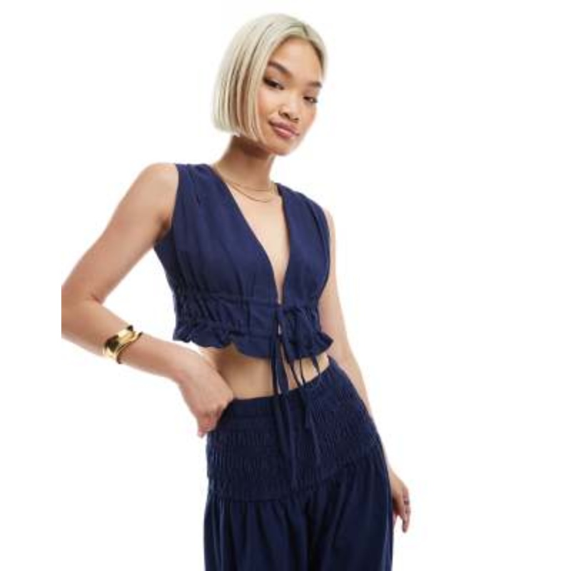 4th & Reckless linen-look cropped tie front vest in navy – part of a set