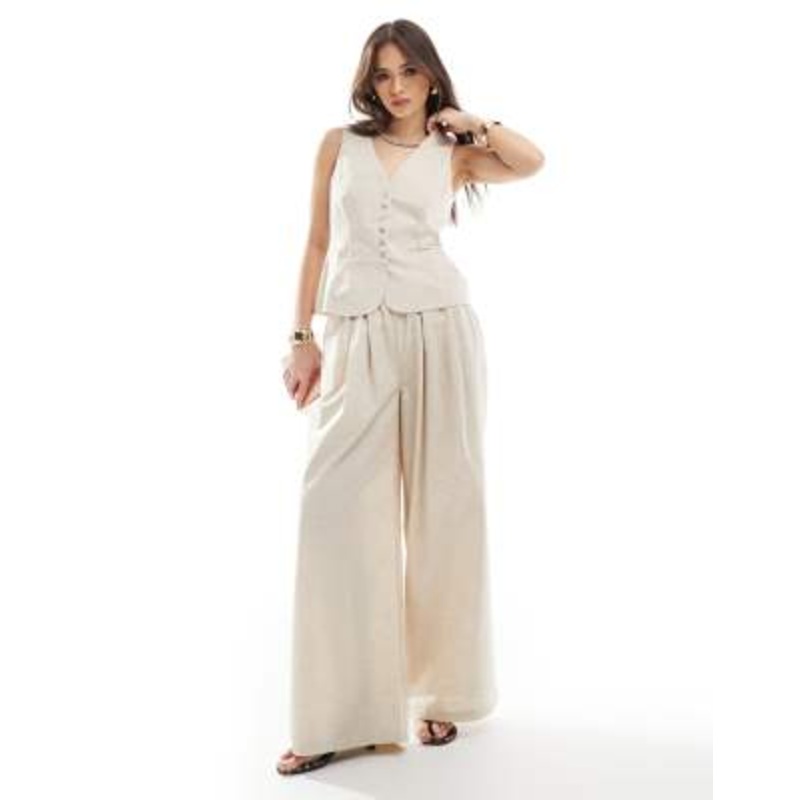 4th & Reckless linen look tie back vest and wide leg pants set in beige