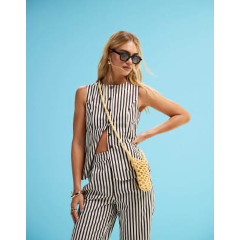 4th & Reckless tailored button up vest top in brown stripe – part of a set