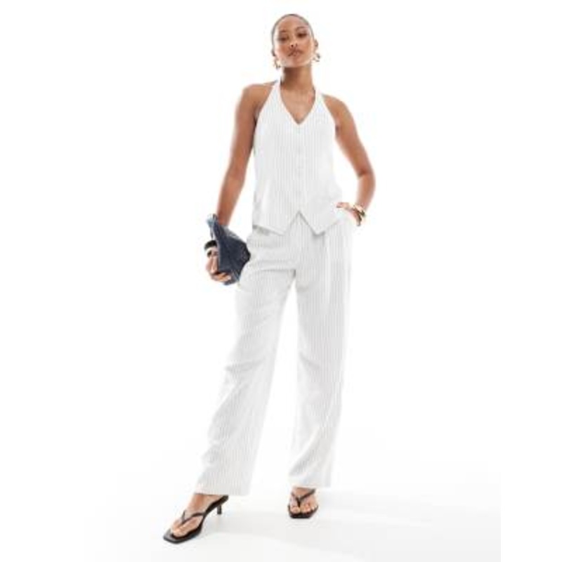 4th & Reckless tailored halterneck vest and wide leg pants set in white pinstripe