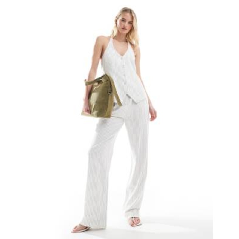 4th & Reckless Tall tailored halterneck button up vest and wide leg pants set in white pinstripe