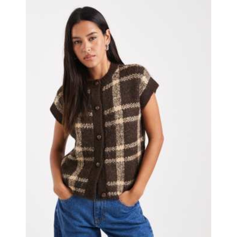 4th & Reckless wool feel sleeveless knit vest in brown plaid
