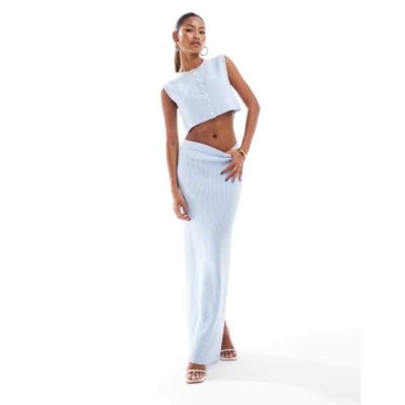 Aria Cove ribbed knit cropped vest and maxi skirt set in baby blue