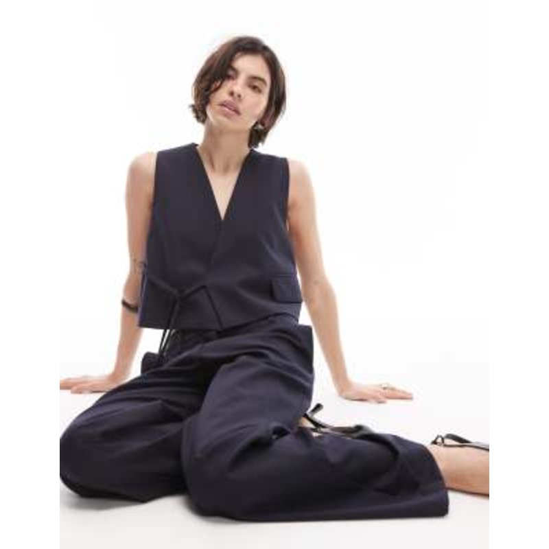 ARKET mix and match pure wool tailored vest with wrap front in navy blue