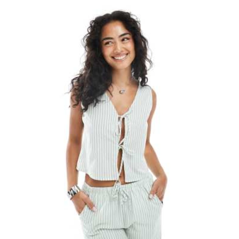 Daisy Street tie front vest in sage stripes – part of a set