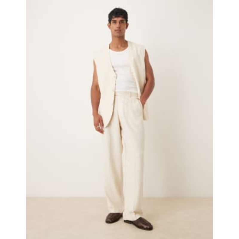 DESIGN longline linen blend vest suit set in white
