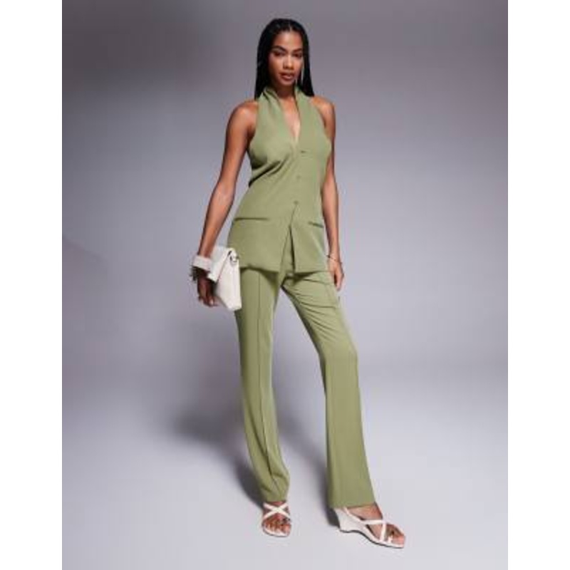 DESIGN tailored halterneck button vest & tailored flare pants set in olive