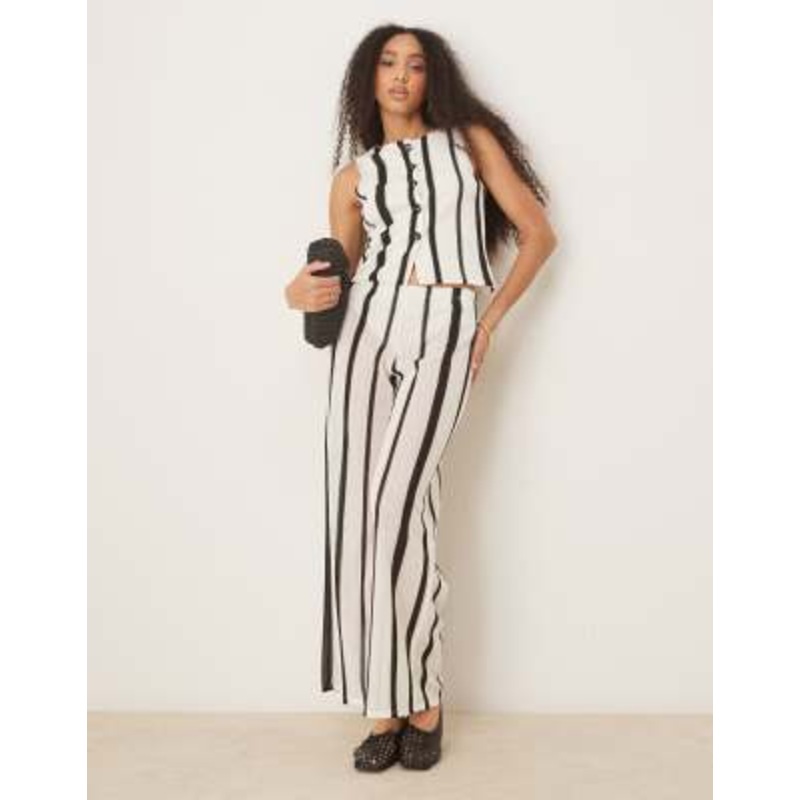 DESIGN textured semi sheer vest top set in black and white stripe