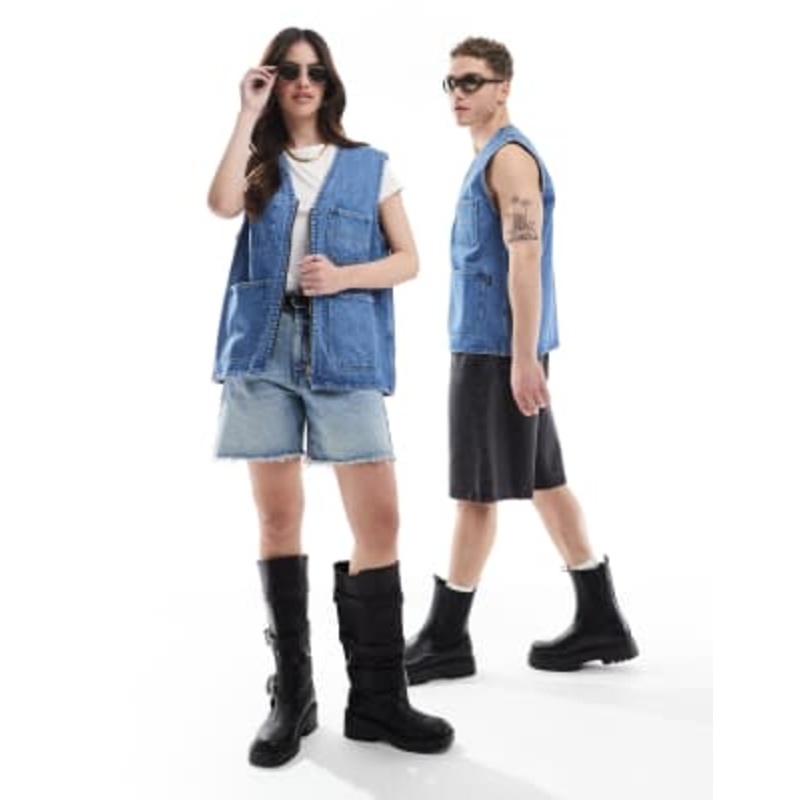 Dr Denim unisex Denver Worker Vest zip up workwear vest in stream sku retro contrast wash