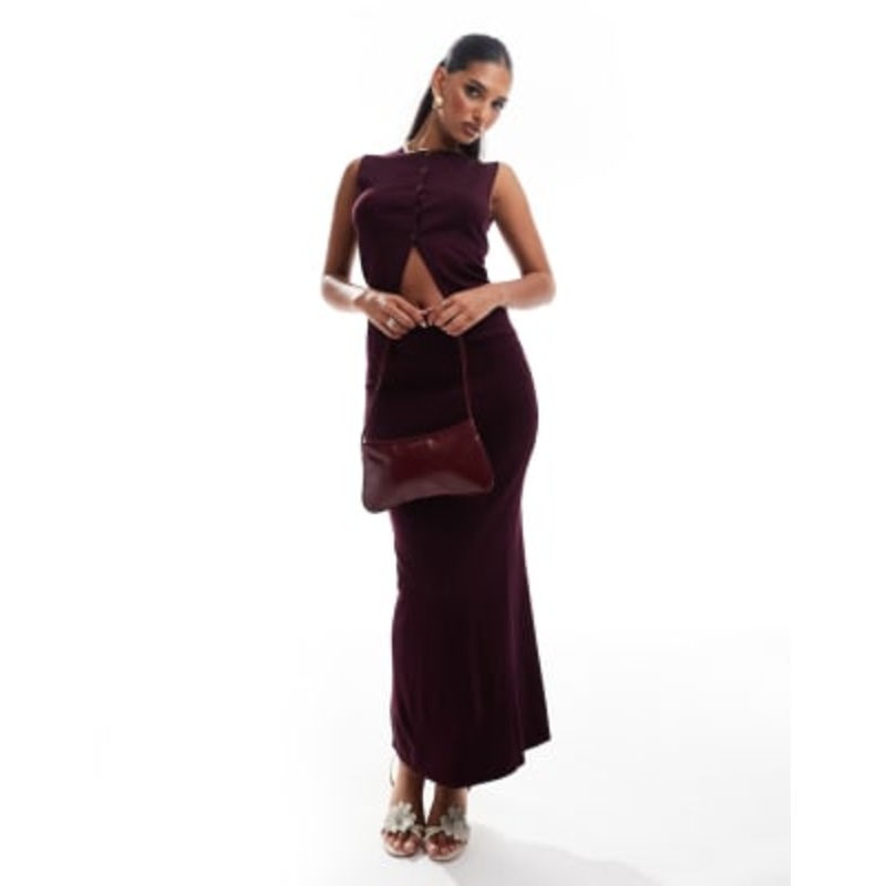 Kaiia fine knit button up longline vest and maxi skirt set in burgundy