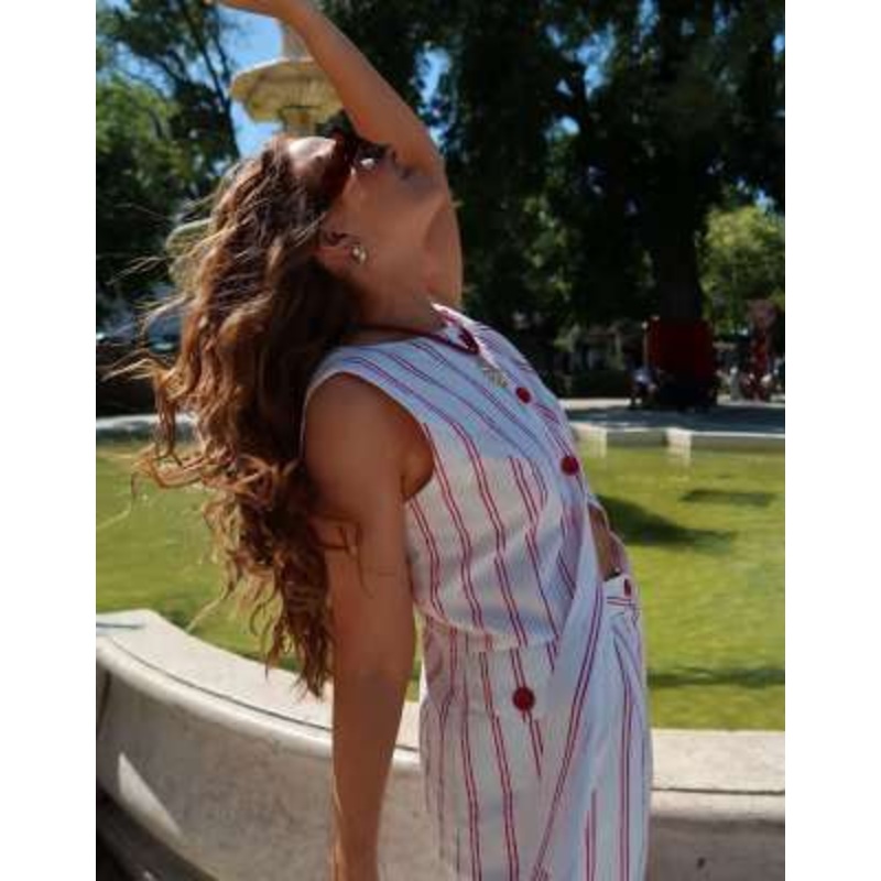 Labelrail x Rebecca Olivia button up striped twill vest top in red and cream – part of a set