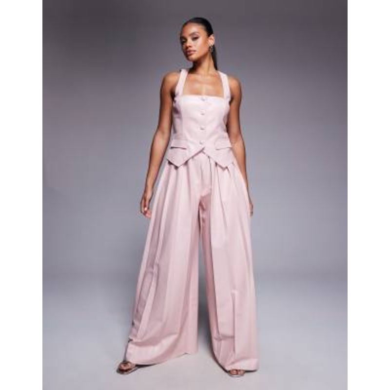 LUXE PU vest and pleated pants in dusky pink