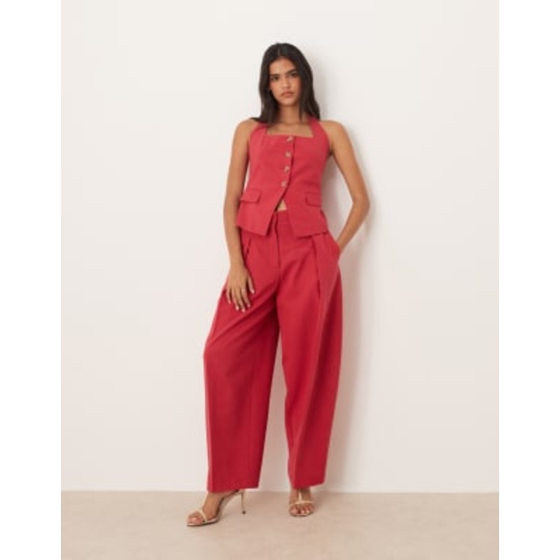 Mango halterneck vest and barrel leg pants set in red
