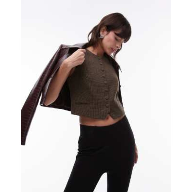 Mango herringbone check vest in brown