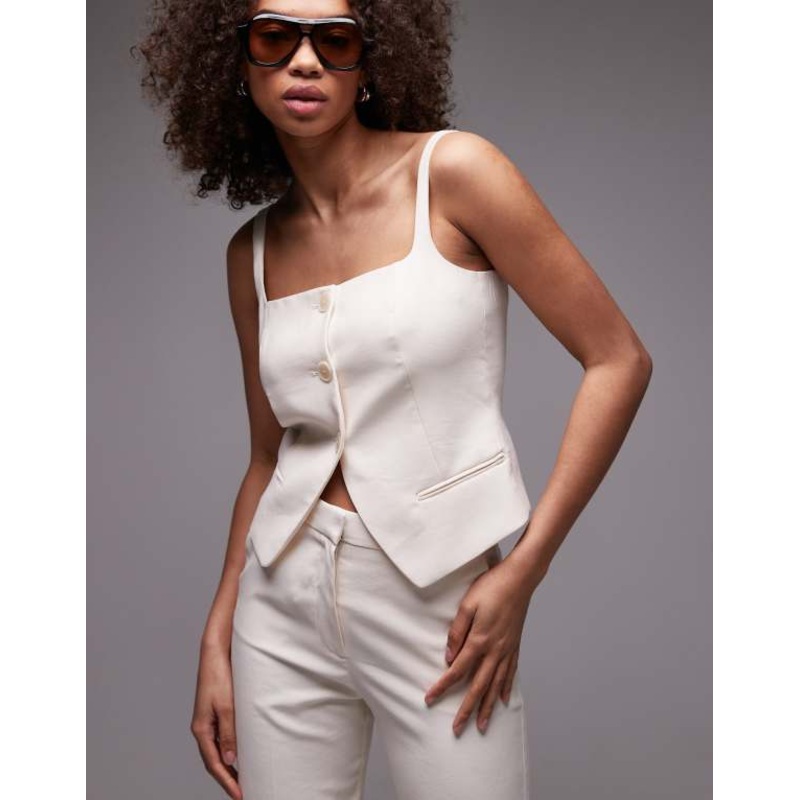 Mango linen look square neck vest in beige – part of a set