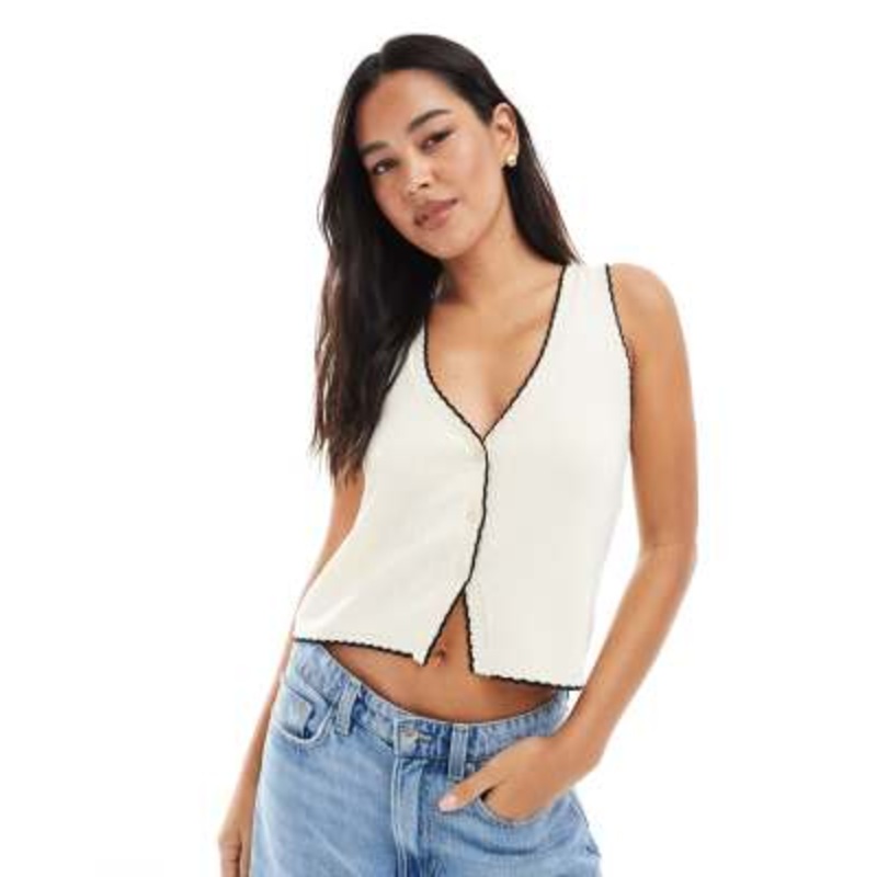 Miss Selfridge knit contrast blanket stitch vest in cream
