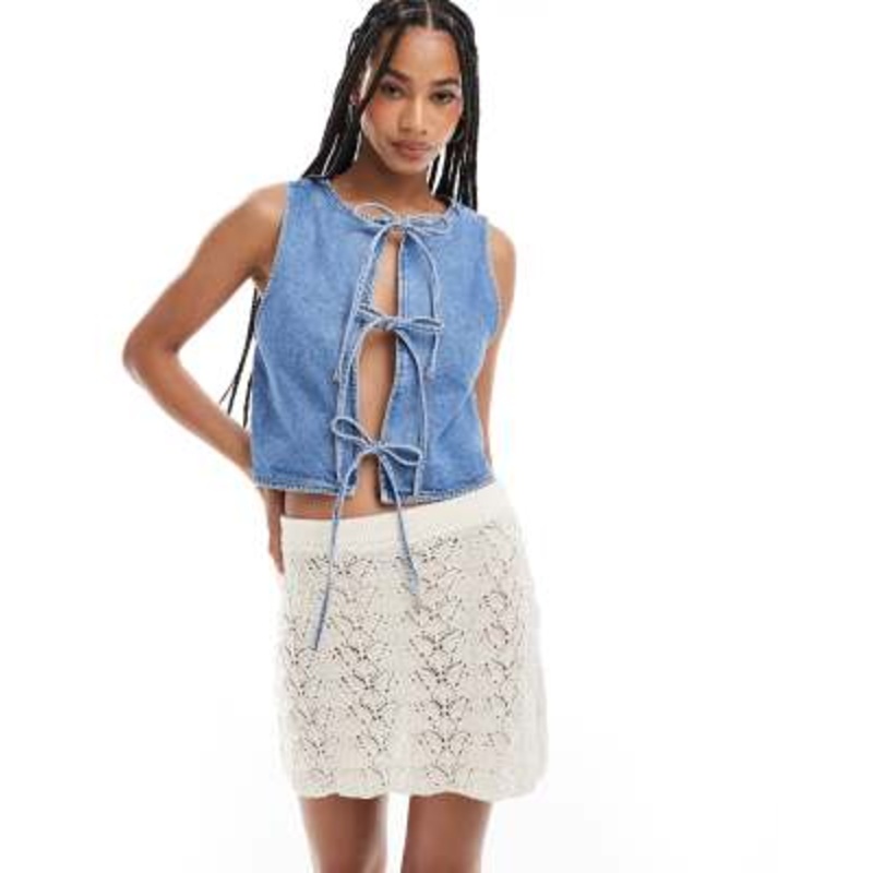 Miss Selfridge tie front denim vest in mid wash