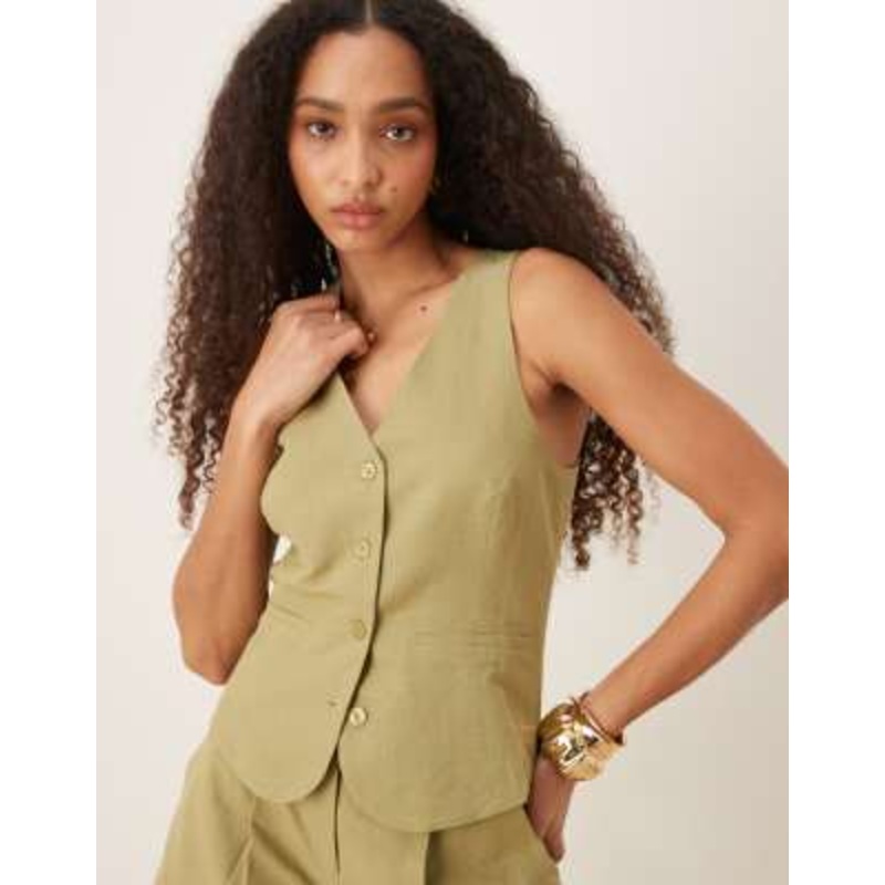 Pretty Lavish halterneck linen blend vest in olive – part of a set