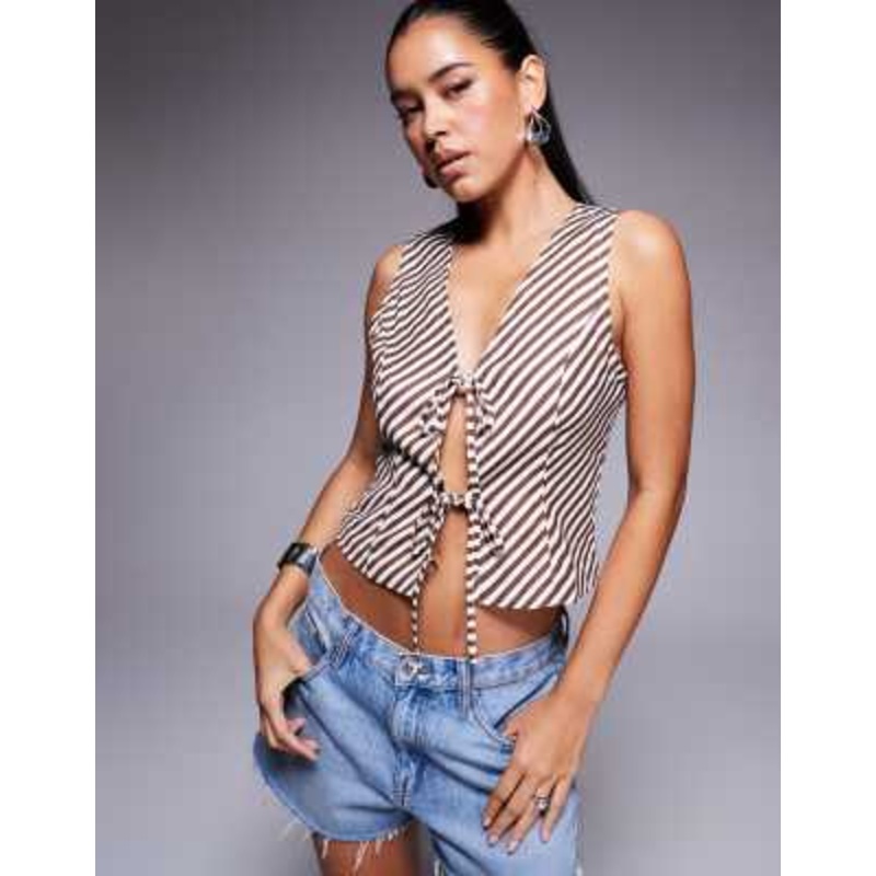 Princess Polly Lishar tie front detail sleeveless vest in brown stripe