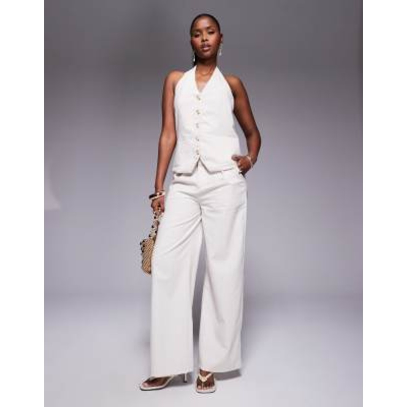 Princess Polly tailored halterneck button up vest and wide leg pants full set in beige