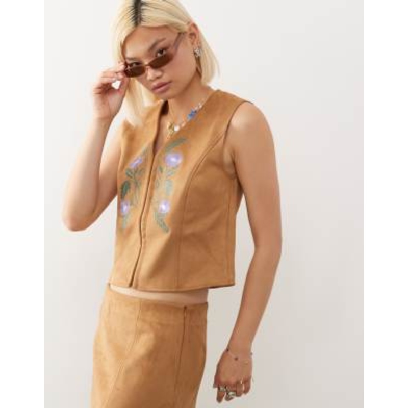 Reclaimed Vintage faux suede festival vest with embroidery in tan – part of a set