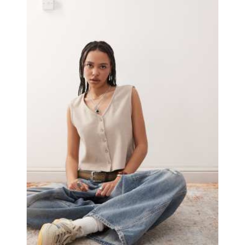 Reclaimed Vintage super soft ribbed button up vest in beige