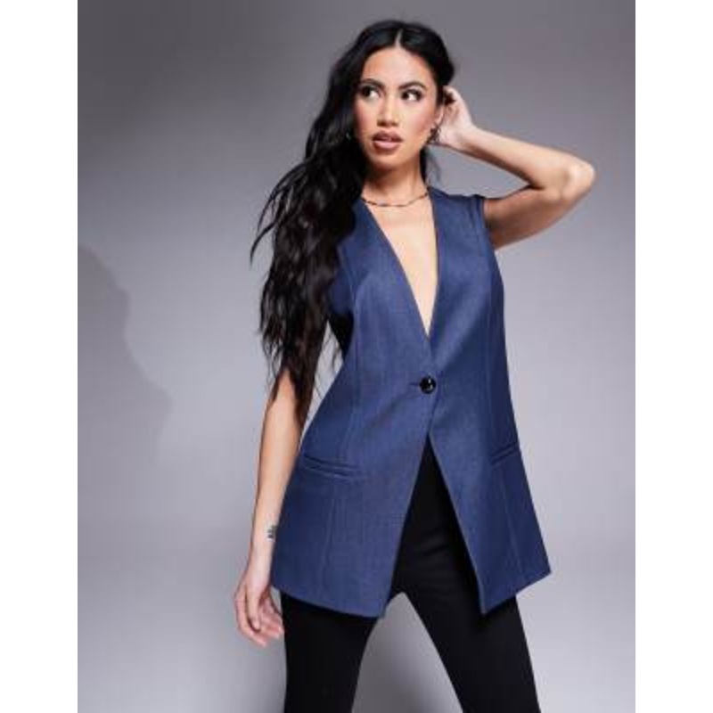 River Island longline denim vest in midwash blue