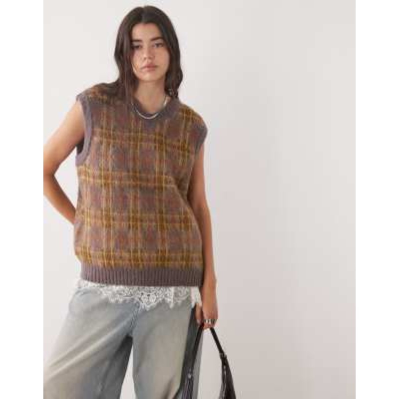 The Ragged Priest oversized knit vest in purple plaid