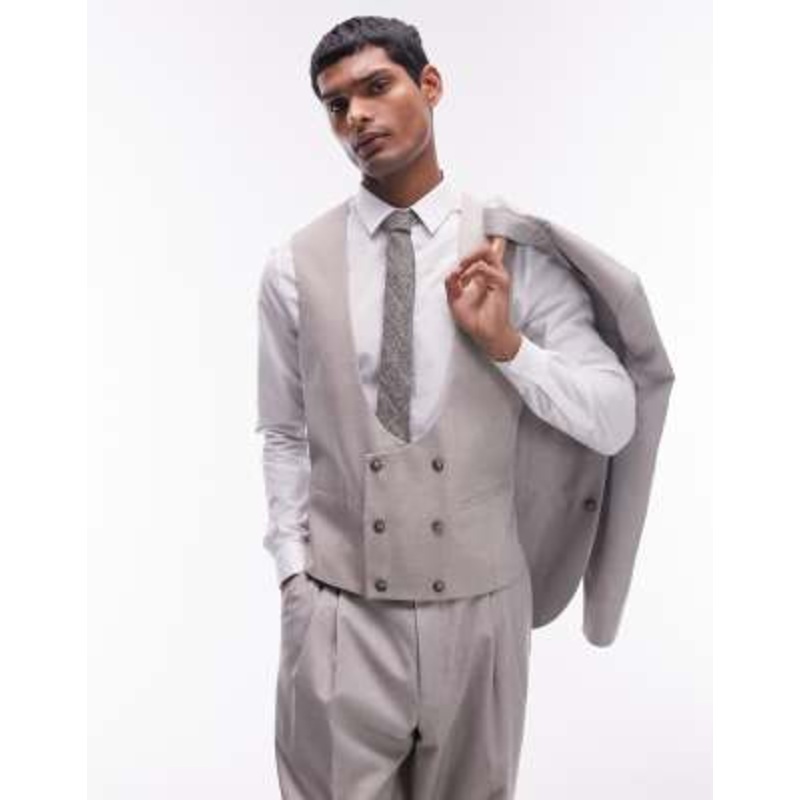 Topman slim linen blend vest in stone